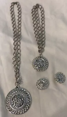 Silver Tone Medallion Pendant Necklace Bracelet Clip Earrings Set 4 Pieces • $8.95