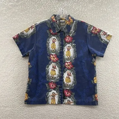 90s Vintage OP Blue Tropical Hawaiian Hula Girl Short Sleeve Button Up Mens M • $38.70