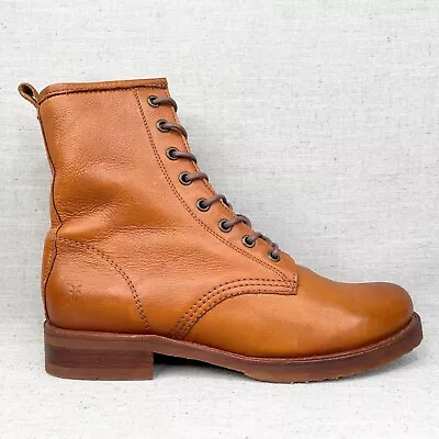 Frye Boots Womens 9B Veronica Combat Bootie Caramel Brown Leather Lace Up Moto • $149