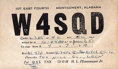 W4SQD QSL Card--Montgomery Alabama--1951 • $6