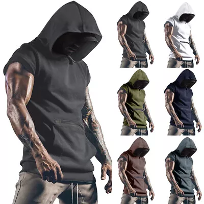 Man Sleeveless Hoodie Fitness Gym Vest T-Shirt Tank Tops Casual Fitness Muscle • £13.29