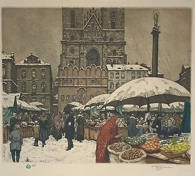 T.F. Simon Pencil Signed Etching  St. Nicholas Market In Old Town Square  • $625