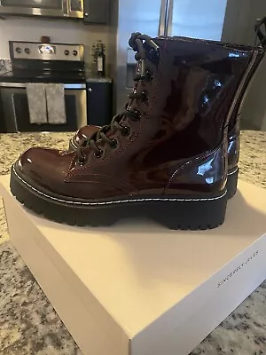 New Sincerely Jules Harley Maroon Patent Leather Combat Lace Up Zip Boots Sz 7.5 • $39.99