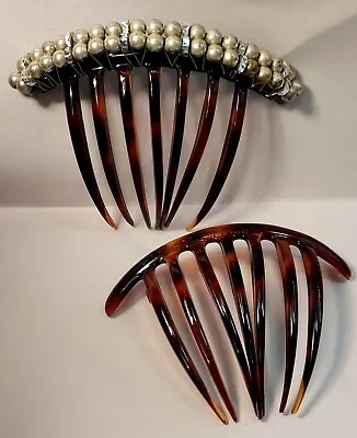 Vintage Hair Comb LOT Of 2 Faux Metallic Pearl & Faux Tortoise Shell France • $16