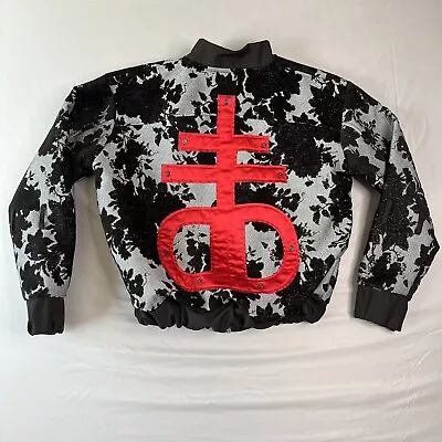 Drop Dead Jacket Women Large Black Floral Bomber Zip Up Red Logo Back With Snaps • $63.99