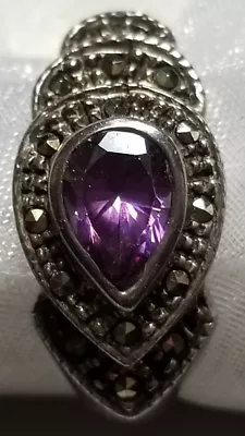 Vintage Sterling Teardrop Amethyst & Marcasite Ring Approx Size Is 8-8 1/2  • $35