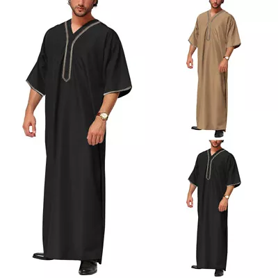 INCERUN Mens Muslim Clothing Dishdash Jubba Kaftan Thobe Arab Islamic Saudi Robe • £12.99