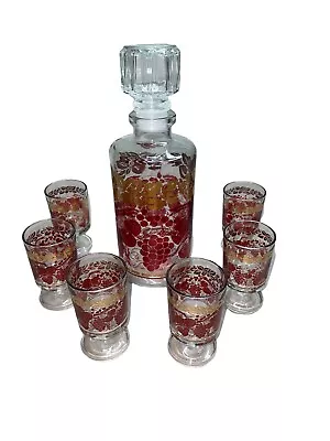 Vintage Liquor Decanter Set 6 Shot Glasses Grape & Cherry Gold Leaf France • $35