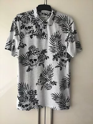 Mens Firetrap London Grey & Black Skull & Roses Polo T Shirt Short Sleeve Size M • £4.99