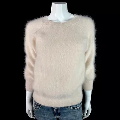 69% Angora Fuzzy Vintage CLUB MONACO Beige Stretchy Pullover Sweater 33 In Bust • $59.99