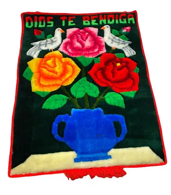 Mexican Wall Hanging Vintage Fabric Handmade Dios Te Bendiga Doves Red Rare • $24.99
