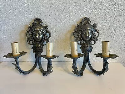 Vintage Pair Of Brass Lamps Holder Art Woman's Face Bow European Lighting • $350
