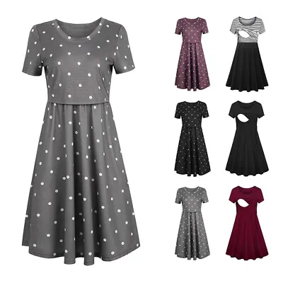 £13.09 • Buy Pregnant Women Polka Dot Dress Nursing Maternity Casual Breastfeeding Nightdress