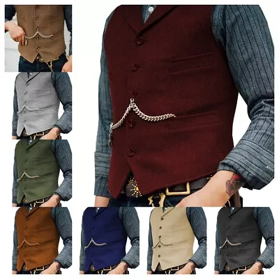 Mens Retro Vests Tweed Waistcoats Vintage Retro Wedding Groom Herringbone Vests • $22.98