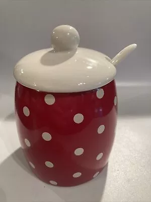 Vintage Red White Polka Dot Ceramic Lidded Jam Pot With Spoon Sainsburys • £15