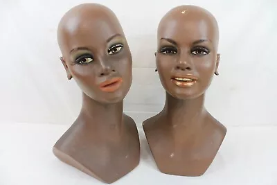 2 Vintage Fiberglass Mannequin Bust Head Wig Painted Eyes Smile Black Girl • $124.99