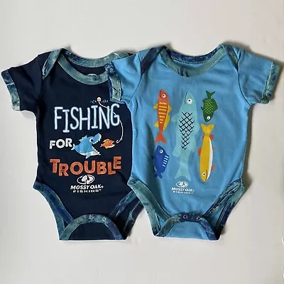 Mossy Oak Baby Boys Fishing Outfits 0-3 Months One Piece Fish Trouble Blue Camo • $14.99