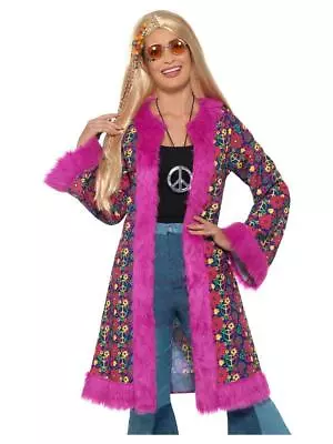 Adult Female 60s Pink Psychedelic Afghan Coat Fancy Dress Party Costume • £25.89