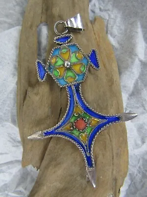 Moroccan Enamel Silver Pendant Coral Stone Berber Cross Pendant VTG Tribal • $45