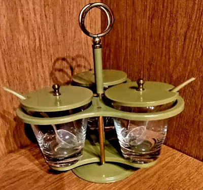 Vtg 70's Mid Century Glass Condiment Set In Rotating Avocado Green Metal Caddy • $55