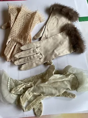 VINTAGE LADIES IVORY GLOVES LACE SATIN FUR & EMBROIDERED GLOVES FRANCE 3 Sets • $25