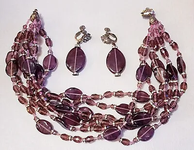 MIRIAM HASKELL 7 Strand Necklace Dangle Earrings Amethyst Poured Glass & Crystal • $385