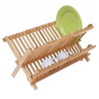 £14.99 • Buy 2 Tier Dish Drainer Wooden Folding Drying Washing Rack Holder Cup Plate Utensils