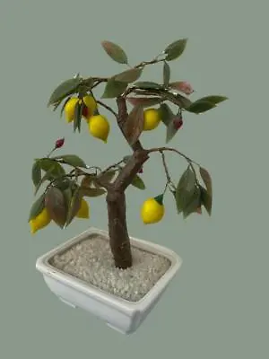 Vintage Asian Jade Gem Stone Lemon Tree Miniature Arrangement In Pot 9  X 7  • $38.15