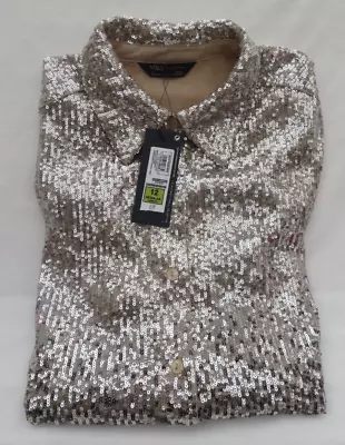 Ladies Marks And Spencer Champagne Sequin Long Sleeve Collared Blouse Size 12 • £27.50
