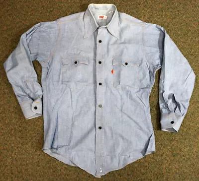 Vintage Levi's Orange Tab Men's M Cotton Chambray Denim Button Up Shirt USA Made • $53.99