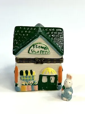 Porcelain Hinged Trinket Box Easter Village Florist Flower Shop W/ Bunny Rabbit • $13.99