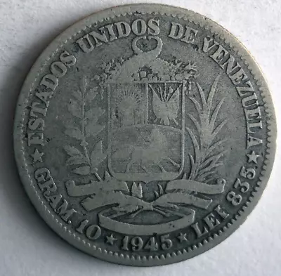 1945 VENEZUELA 2 BOLIVARES - RARE TYPE SILVER COIN - Lot #A12 • $8.50