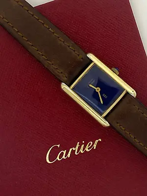 Must De Cartier Tank Gold-Plated Silver Gilt Lapis Blue Dial Manual Ladies Watch • $2950