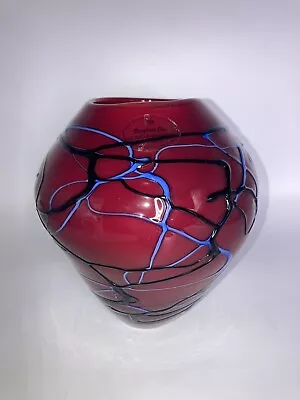 Viz Glass Hand Blown Art Glass Vase Ruby Red String Texture Gorgeous • $95