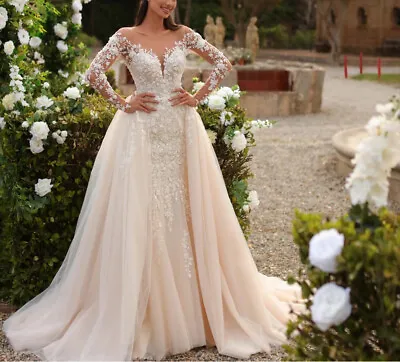 Mermaid Wedding Dress Detachable Train V-Neck Long Sleeves Appliques Bridal Gown • $156