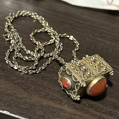 ANTIQUE ETRUSCAN CANNETILLE CORAL PEARL 18K/SILVER TREASURE CHEST FOB W CHAIN • $199