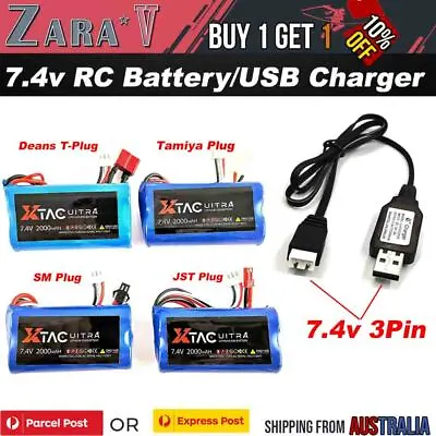 Li-ion Battery 7.4v 2000mAH 2S Deans Plug JST Tamiya SM Charger RC CAR TRUCK TOY • $26.95