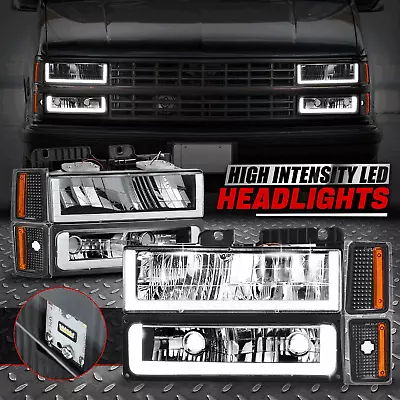 [U-LED DRL] For 88-93 Chevy C/K Headlight+Bumper Signal+Corner Lamps Black/Amber • $124.88