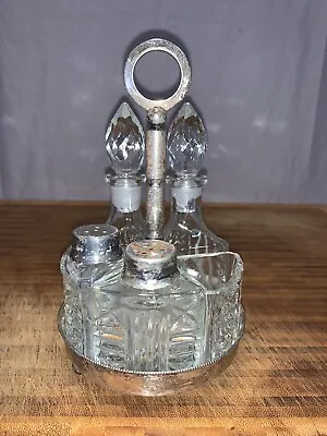 Vintage 1920's Clear Crystal Glass Condiment Set With Silver-plate Caddy • $35