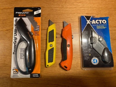 $16 • Buy 4 Vintage Utility Knives, Fiskcars PowerGrip, Stanley 10779, X-Acto Board Cutter