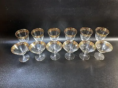 Crystal Glass Set 12 Wine Goblet Glasses Gold Trim Vine Rim Vintage Collection • $125