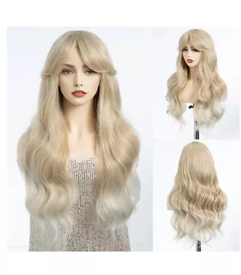 Long Wavy Wig With Fringe For Women Heat Resistant Synthetic Blonde Wigs 26inch • £19.99