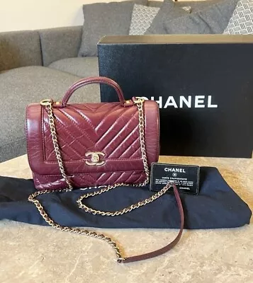 Chanel Red Burgundy Top Handle Flap Chevron Quilted Crossbody Bag GHW • $3898