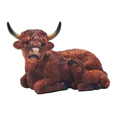 Highland Cow Ornament Figurine With Calf Lying Down Helican Coo Statue Gift Idea • £17.99