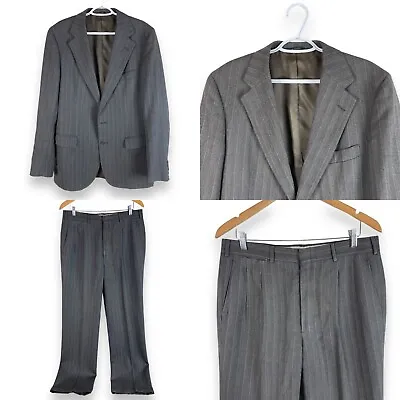 Vintage Polo University Ralph Lauren Pinstripe Wool Suit Mens 42R 34W X 33L Gray • $49