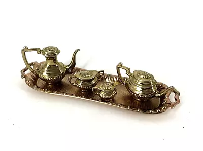 5 Pc Miniature Vtg Heavy Brass Teapot Coffee Pot Creamer Sugar On Copper Tray • $9