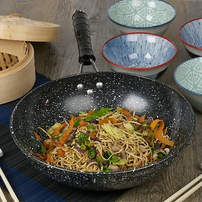 Black Marble Carbon Steel Induction Wok Chinese Non Stick Frying Pan 30cm 12  • £9.99