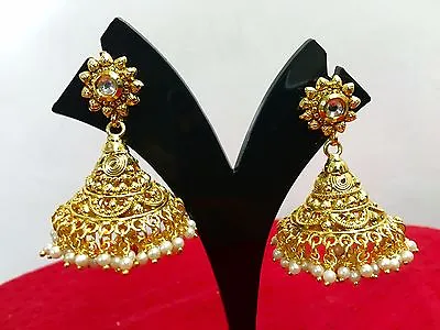 Indian Earrings Jhumka Pearl Gold Chandelier Drop Crystal Bollywood Ethnic • $32.07