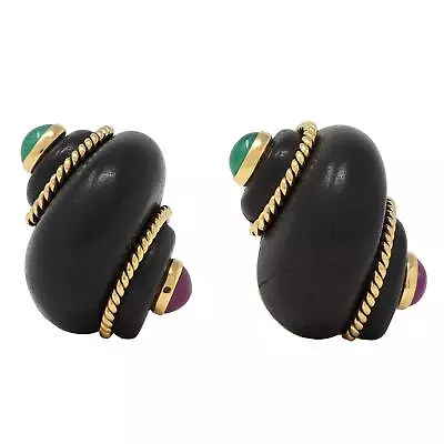 Verdura 1990s Ruby Emerald Wood 18 Karat Yellow Gold Shell Ear-Clip Earrings • $5775