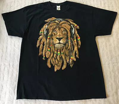 XL Black T-shirt Rastafarian Lion W Headphones Beads Bob Marley • $16.99